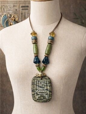 Vintage Artisan Carved Serpentine & Jade Pendant Necklace, Leather Cord, Ethnic